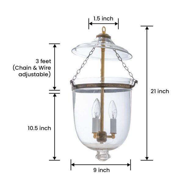 CDNY MEDIUM. PLAIN CLEAR LANTERN: Classic Smooth Glass Hanging Chandelier with Antique Brass Finish, 9" DIA, H 21" JAR 10.5" - Image 3