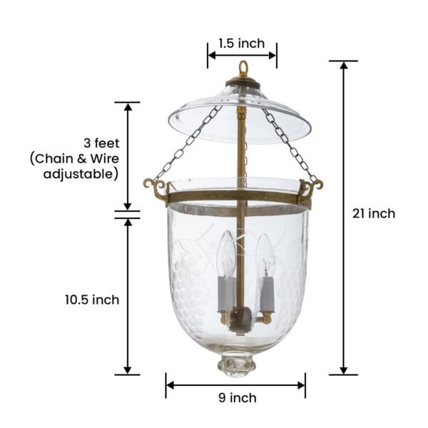 CDNY MED. GRAPES LANTERN: Etched Grapevine Glass Hanging Chandelier with Antique Brass Finish , 9" DIA, H 21" JAR 10.5" - Image 3