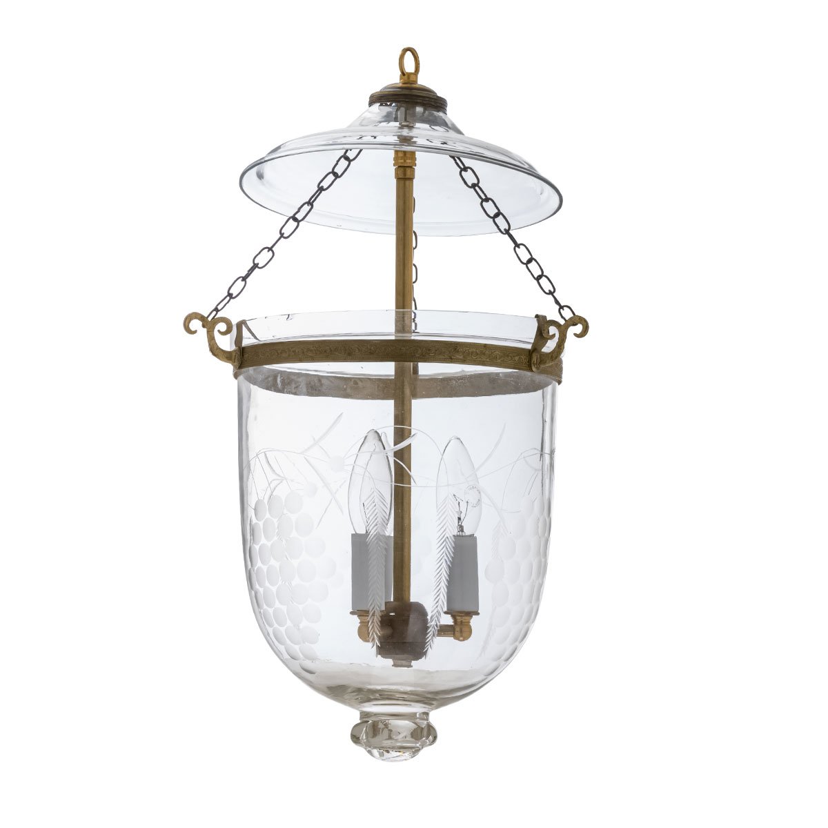 CDNY Medium Grapes Lantern Chandelier featuring etched grapevine glass and an antique brass finish