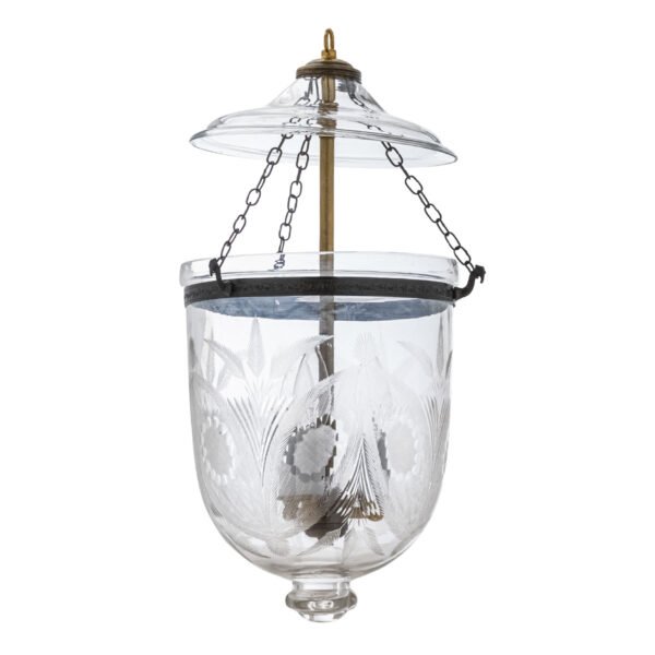 CDNY Medium Floral Cut Lantern Chandelier featuring ornate cut glass with a floral pattern and an antique brass finish
