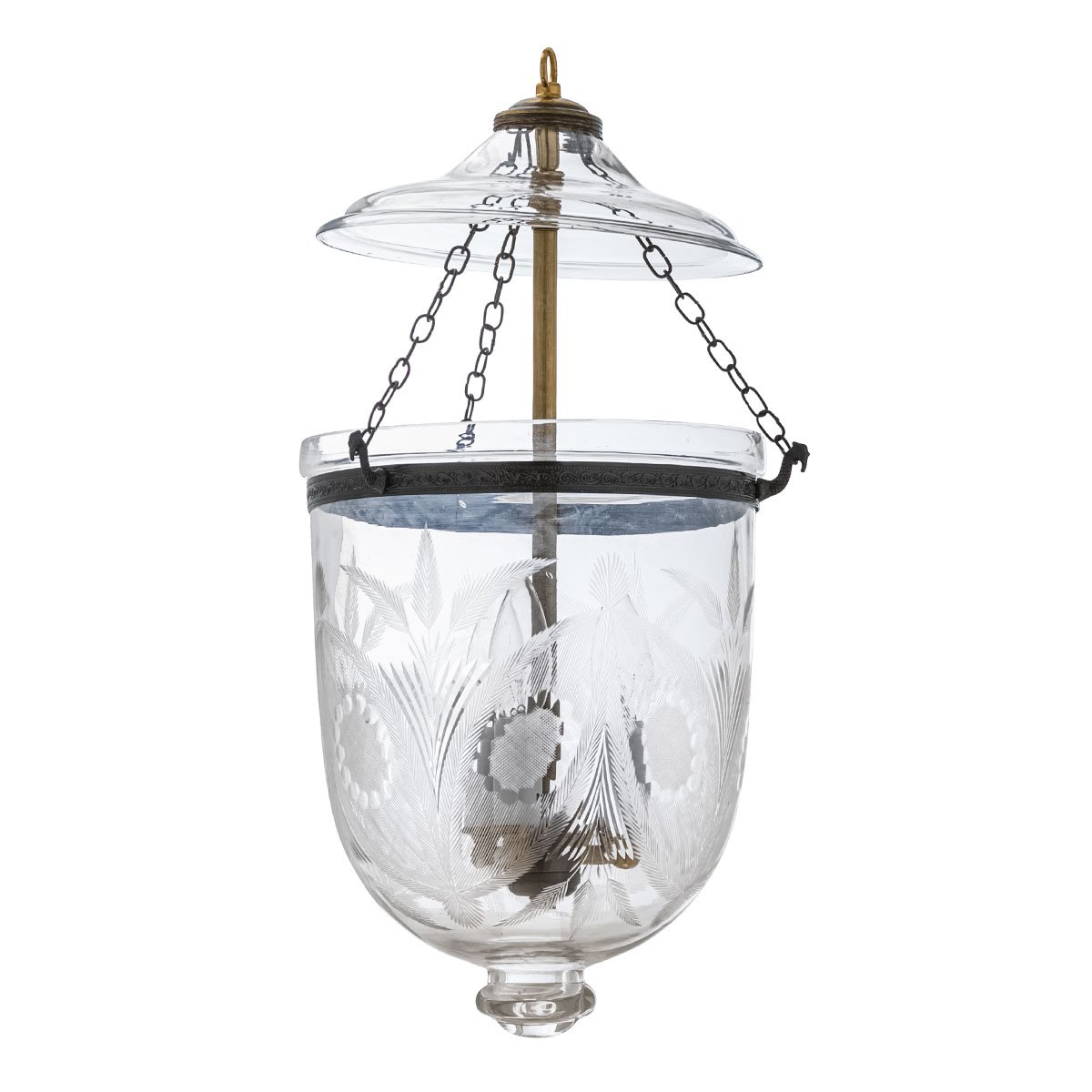 CDNY Medium Floral Cut Lantern Chandelier featuring ornate cut glass with a floral pattern and an antique brass finish