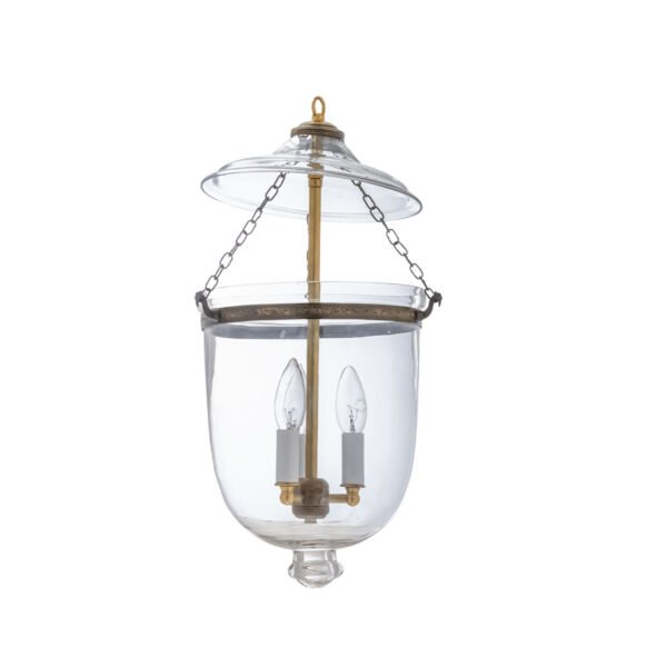 CDNY Medium Plain Clear Lantern Chandelier featuring classic smooth glass and an antique brass finish