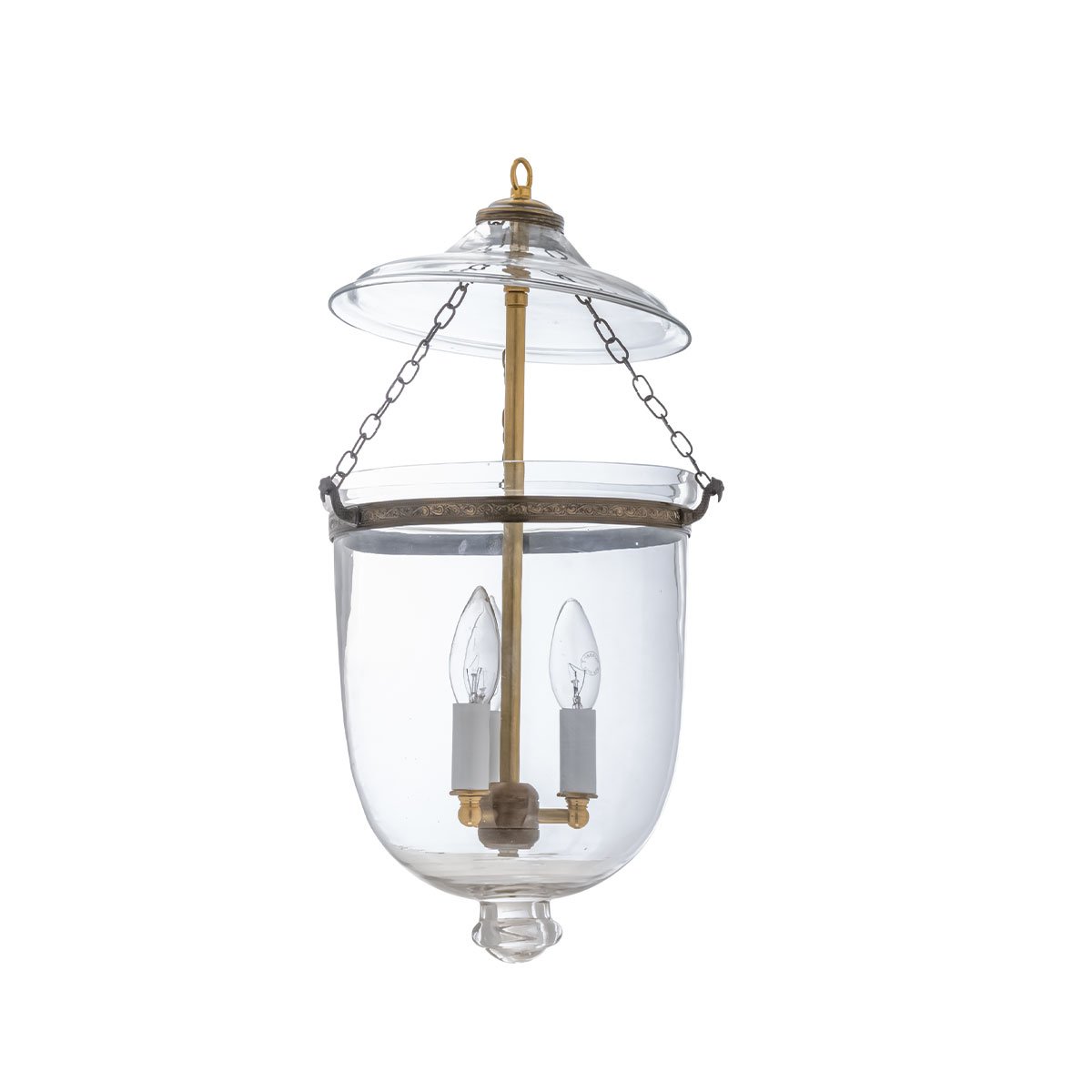 CDNY Medium Plain Clear Lantern Chandelier featuring classic smooth glass and an antique brass finish