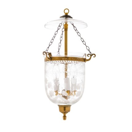 Etched glass tulip chandelier with antique brass finish for nursery