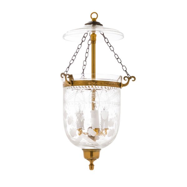 Etched glass tulip chandelier with antique brass finish for nursery