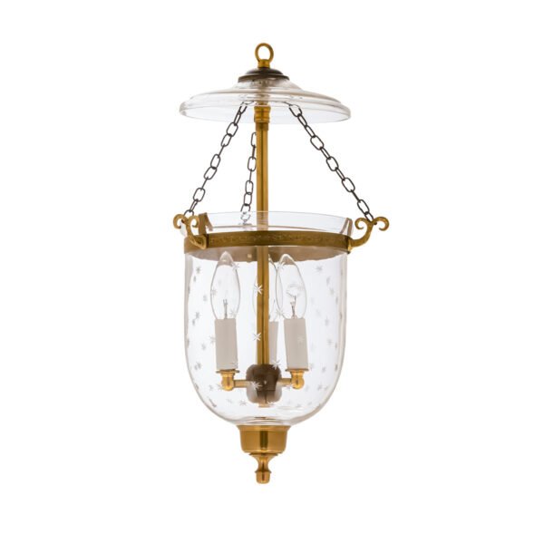 Etched glass star cut chandelier with antique brass finish for nursery