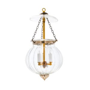 CDNY MED. MELON LANTERN with fluted glass and Antique brass finish on a medium-sized hanging chandelier