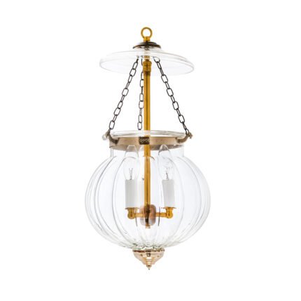 CDNY MED. MELON LANTERN with fluted glass and Antique brass finish on a medium-sized hanging chandelier