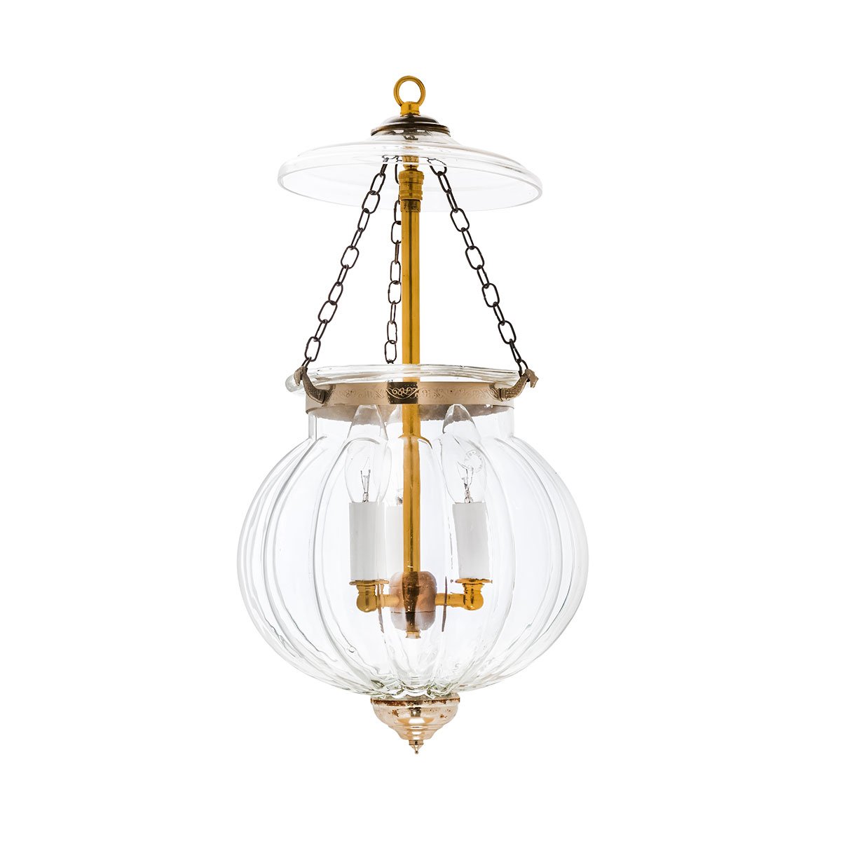 CDNY MED. MELON LANTERN with fluted glass and Antique brass finish on a medium-sized hanging chandelier