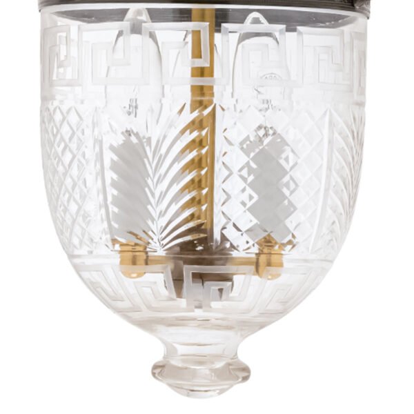 CDNY SM. GREEKEY W/DESIGN LANTERN: Etched Greek Key & Geometric Glass Hanging Chandelier with Antique Brass Finish,7"DIA, H19", Jar 10.5" - Image 2