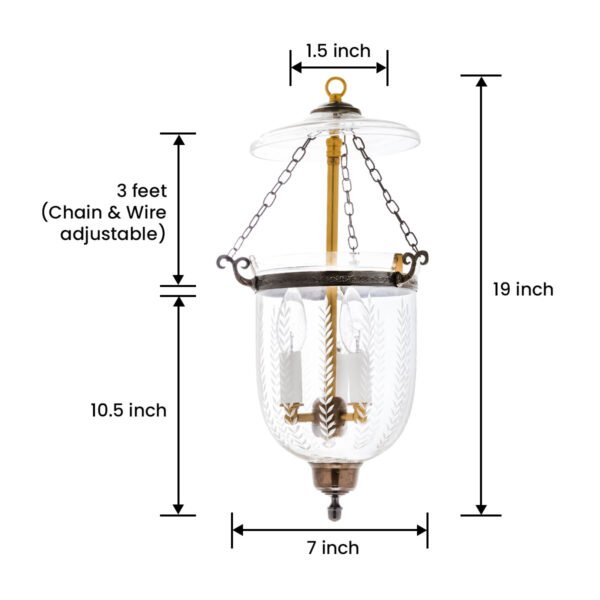 CDNY SM. VERTICAL LEAF LANTERN: Etched Leaf Pattern Glass Hanging Chandelier with Antique Brass Finish, 7"DIA, H19", Jar 10.5" - Image 3