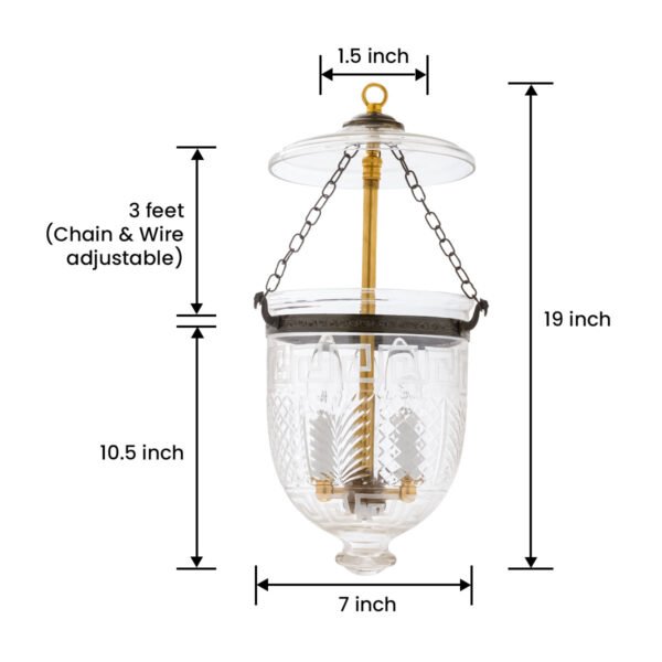 CDNY SM. GREEKEY W/DESIGN LANTERN: Etched Greek Key & Geometric Glass Hanging Chandelier with Antique Brass Finish,7"DIA, H19", Jar 10.5" - Image 3