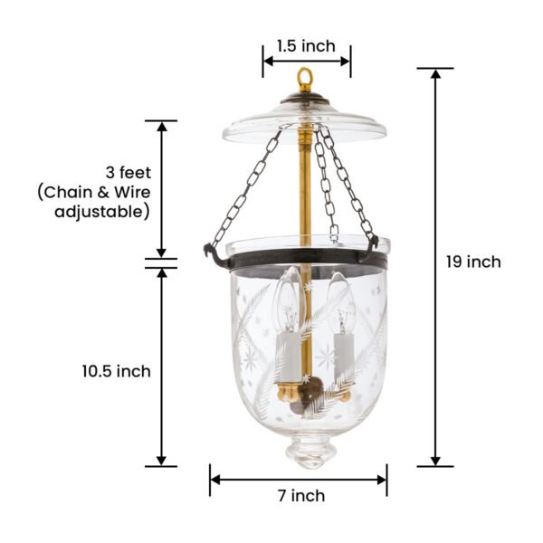 CDNY SM. STAR FEATHER LANTERN: Elegantly Etched Glass Hanging Chandelier with Antique Brass Finish, 7"DIA, H19", Jar 10.5" - Image 3