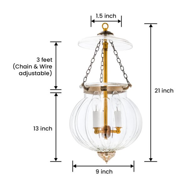 CDNY MEDIUM MELON LANTERN: Elegant Fluted Glass Hanging Chandelier with Antique Brass Finish, 9"DIA, H21", Jar 13" - Image 3