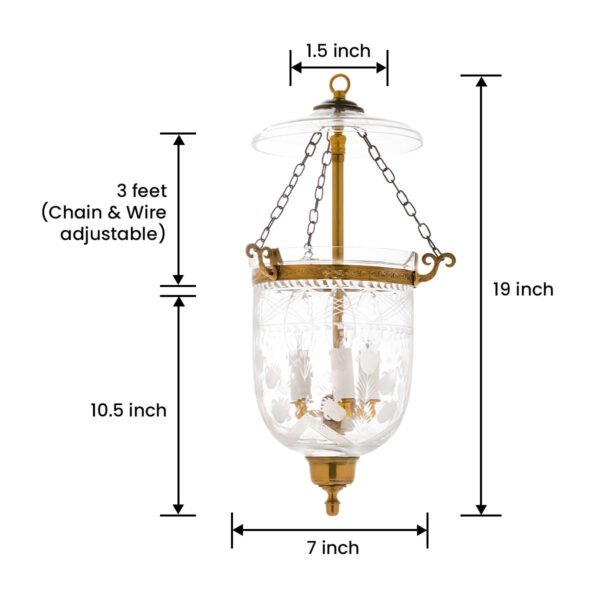 CDNY SM. TULIP LANTERN: Etched Glass Hanging Chandelier with Antique Brass Finish 7"DIA, H19", Jar 10.5" - Image 3