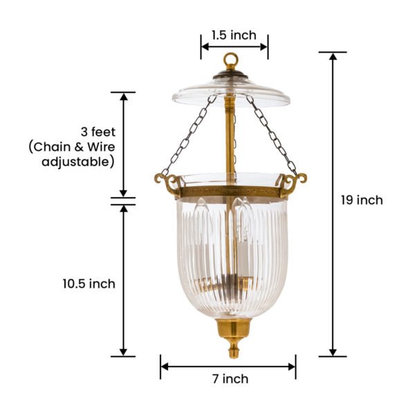 CDNY Small Prismatic Lantern: Elegant Fluted Glass Hanging Chandelier with Antique Brass Finish, 7"DIA, H19", Jar 10.5" - Image 3