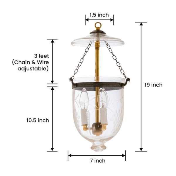 CDNY SM. GRAPES LANTERN: Etched Grapevine Glass Hanging Chandelier with Antique Brass Finish, 7"DIA, H19", Jar 10.5" - Image 3