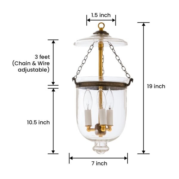 CDNY SM. PLAIN CLEAR LANTERN: Classic Smooth Glass Hanging Chandelier with Antique Brass Finish, 7"DIA, H19", Jar 10.5" - Image 3