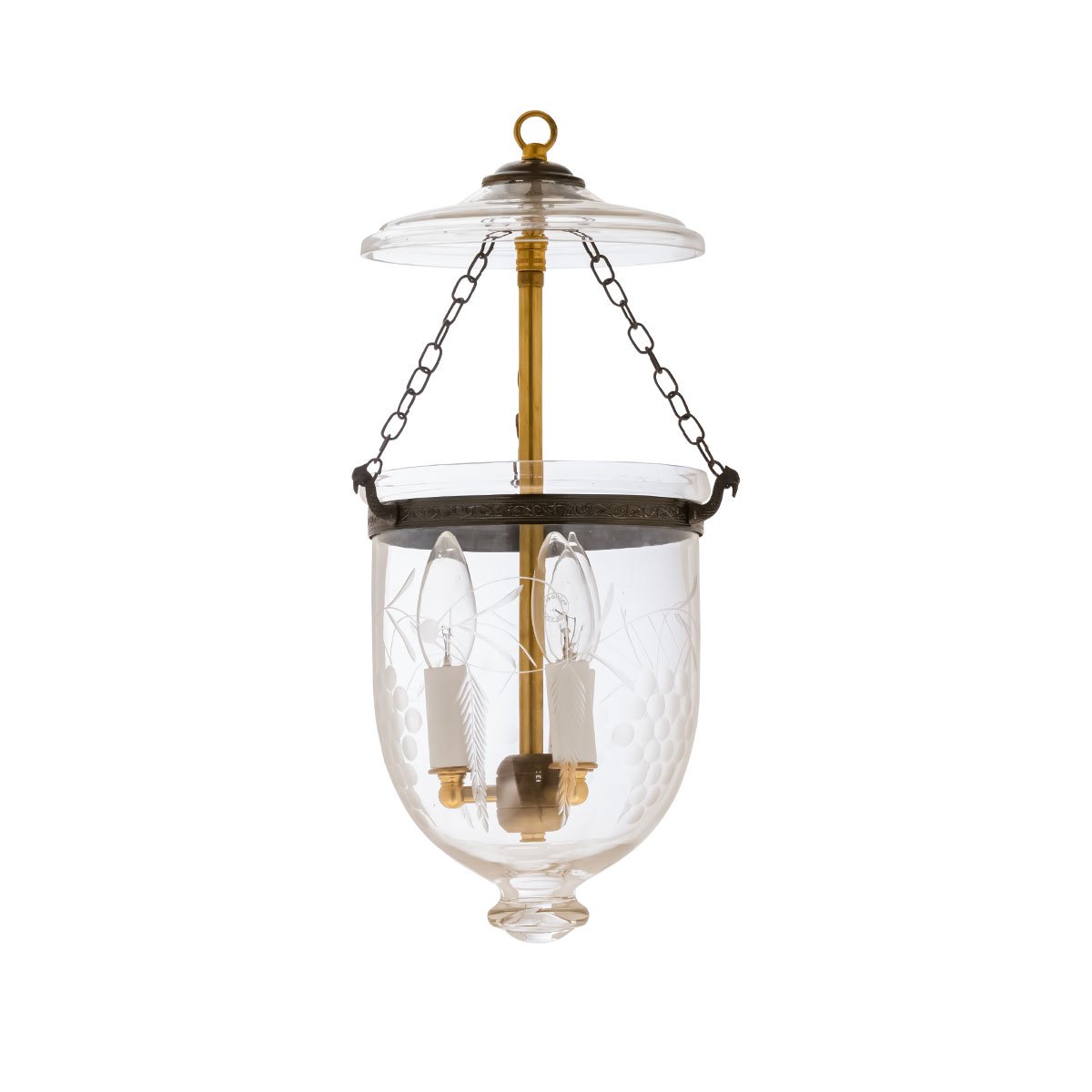 The CDNY Small Grapes Lantern Chandelier, featuring beautifully etched grapevine glass and a timeless antique brass finish