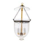 CDNY Small Greekey Lantern Chandelier featuring etched Greek Key and geometric glass with an antique brass finish