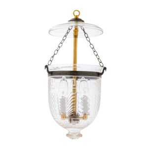 CDNY Small Greekey Lantern Chandelier featuring etched Greek Key and geometric glass with an antique brass finish