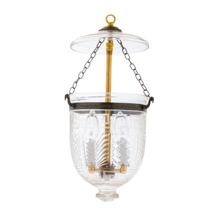 CDNY Small Greekey Lantern Chandelier featuring etched Greek Key and geometric glass with an antique brass finish