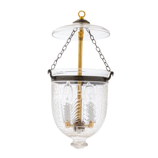CDNY Small Greekey Lantern Chandelier featuring etched Greek Key and geometric glass with an antique brass finish