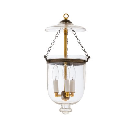 CDNY Small Plain Clear Lantern Chandelier featuring classic smooth glass and an antique brass finish