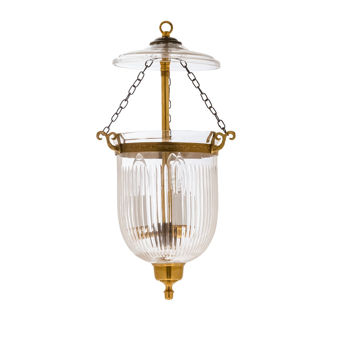 The CDNY Small Prismatic Lantern Chandelier, featuring elegant fluted glass and a warm antique brass finish.