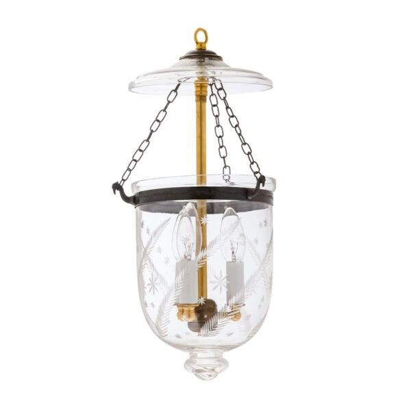 CDNY Small Star Feather Lantern Chandelier featuring elegantly etched glass and an antique brass finish