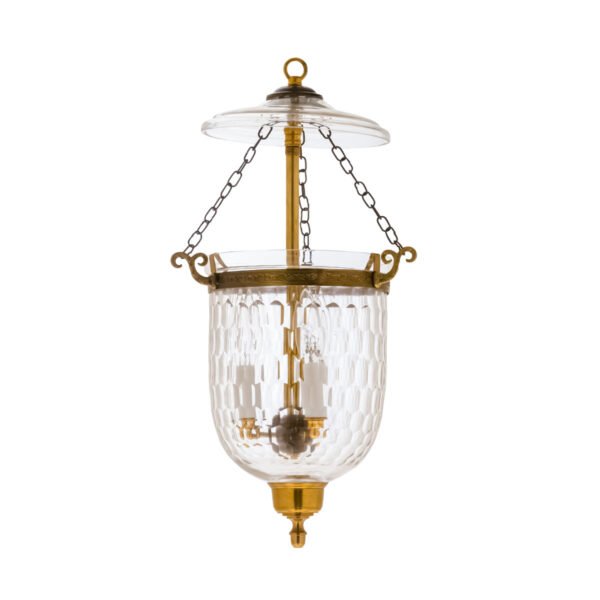 CDNY Small Thumbprint Lantern Chandelier featuring textured glass shade and antique brass finish