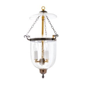 CDNY Small Vertical Leaf Lantern Chandelier featuring etched leaf pattern glass and an antique brass finish