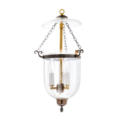 CDNY Small Vertical Leaf Lantern Chandelier featuring etched leaf pattern glass and an antique brass finish