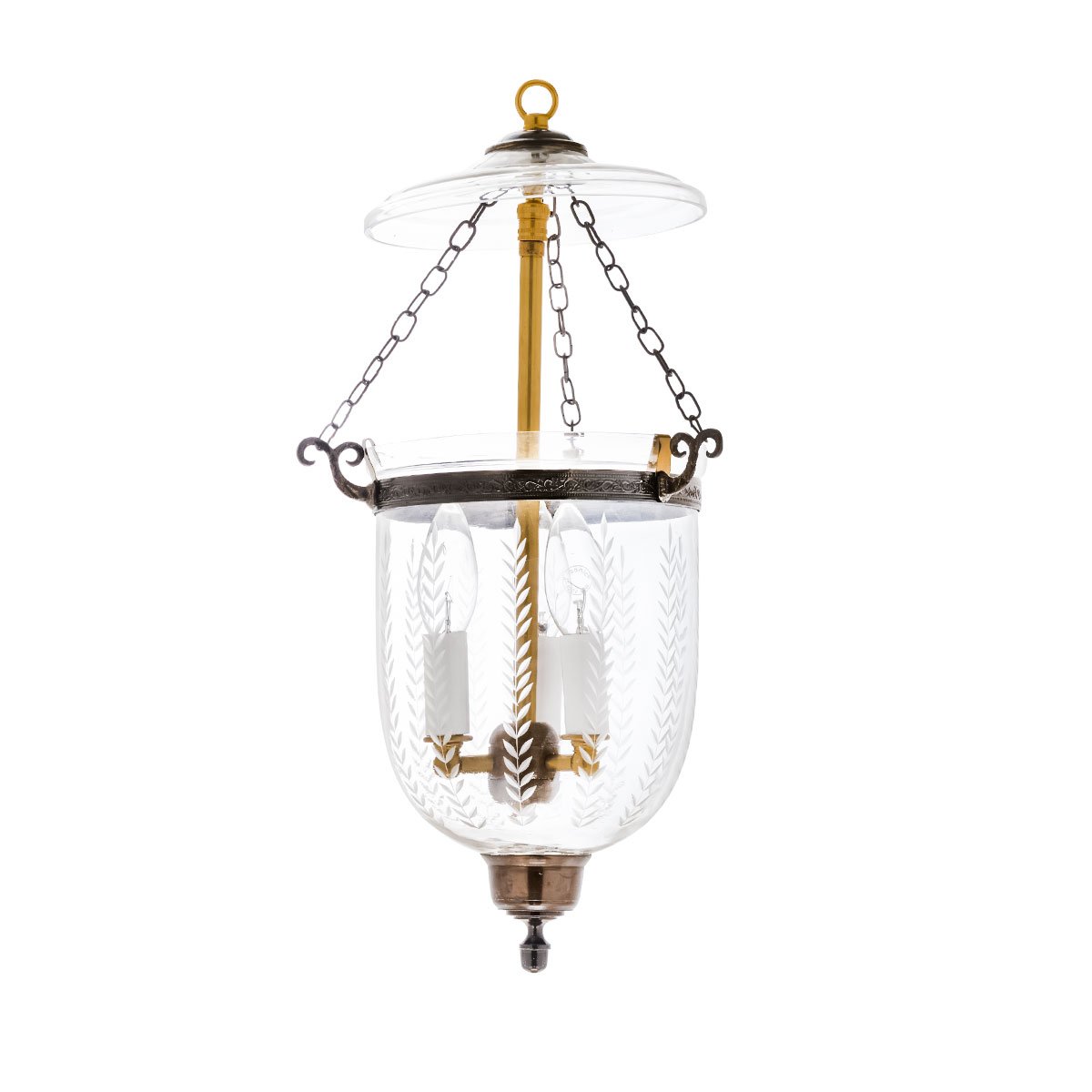 CDNY Small Vertical Leaf Lantern Chandelier featuring etched leaf pattern glass and an antique brass finish