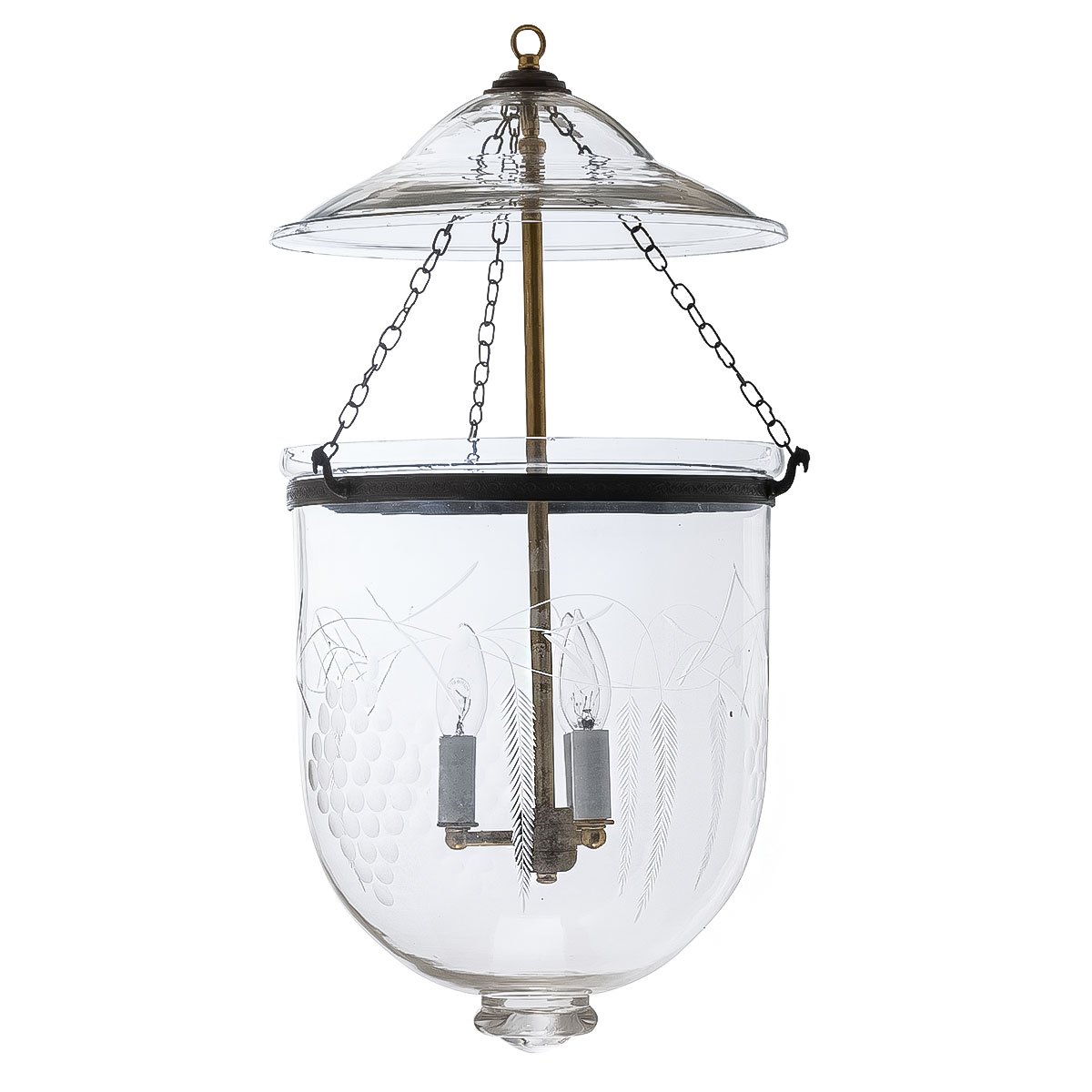 The CDNY Large Grapes Lantern Chandelier, featuring beautifully etched grapevine glass and a timeless antique brass finish.