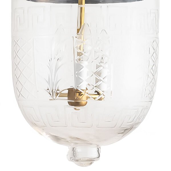 CDNY LG. GREEKKEY W/DESIGN LANTERN: Elegant Etched Glass Hanging Lantern with Brass Finish, H 26", 12" DIA, 15" JAR - Image 2