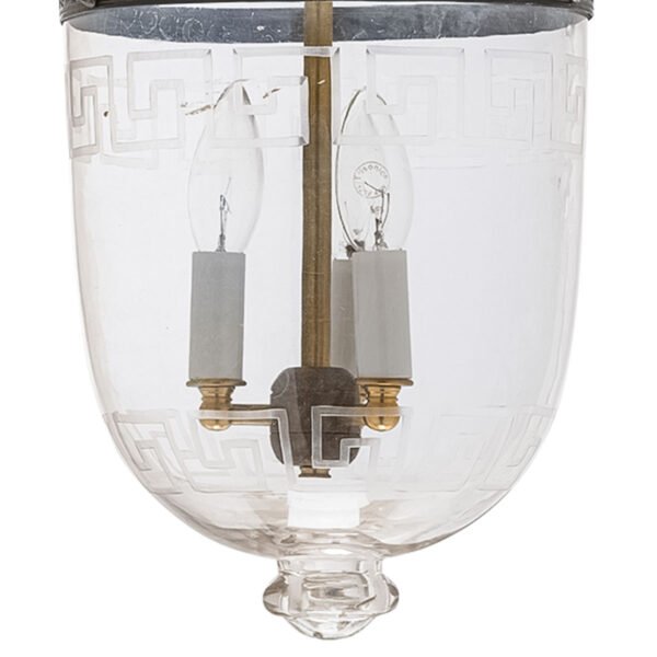 CDNY MEDIUM PLAIN GREEK KEY LANTERN: Classic Etched Greek Key Band Glass Hanging Chandelier with Antique Brass Finish, 9" DIA, H 21" JAR 10.5" - Image 2