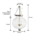 CDNY Large Melon Lantern: Plain Clear Ribbed Glass Hanging Chandelier with Antique Brass Finish, 12" DIA, 21"H, 13" JAR - Image 3