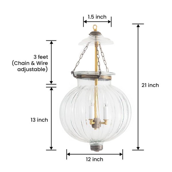 CDNY Large Melon Lantern: Plain Clear Ribbed Glass Hanging Chandelier with Antique Brass Finish, 12" DIA, 21"H, 13" JAR - Image 3
