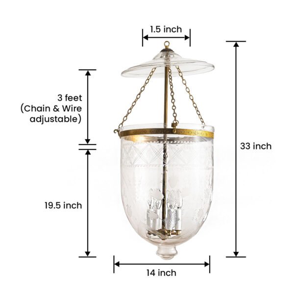 CDNY JUMBO TULIP LANTERN: Etched Glass Hanging Chandelier with Antique Brass Finish, 14" DIA, 33"H, 19.5 JAR - Image 3