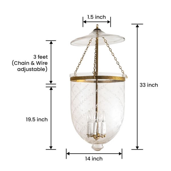 CDNY JUMBO STAR FEATHER LANTERN: Etched Glass Hanging Chandelier with Antique Brass Finish, 14" DIA, 33"H, 19.5 JAR - Image 3