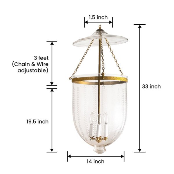 CDNY JUMBO VERTICAL LEAF LANTERN: Etched Glass Hanging Chandelier with Antique Brass Finish, 14" DIA, 33"H, 19.5 JAR - Image 3