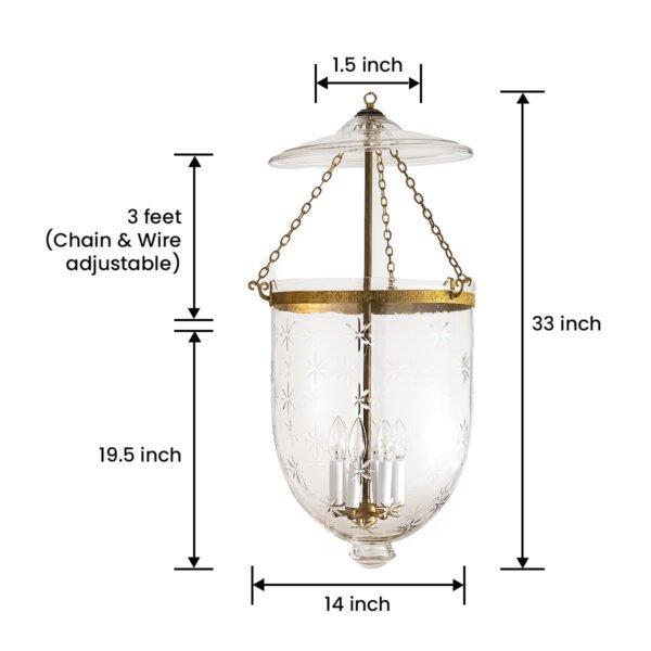 CDNY JUMBO STAR CUT LANTERN: Etched Glass Hanging Chandelier with Antique Brass Finish, 14" DIA, 33"H, 19.5 JAR - Image 3