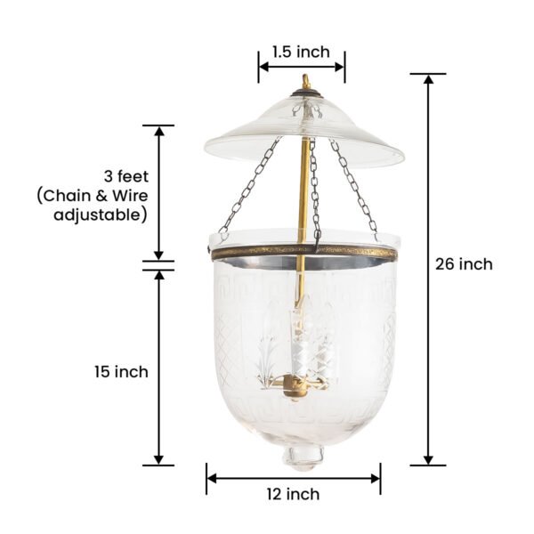 CDNY LG. GREEKKEY W/DESIGN LANTERN: Elegant Etched Glass Hanging Lantern with Brass Finish, H 26", 12" DIA, 15" JAR - Image 3