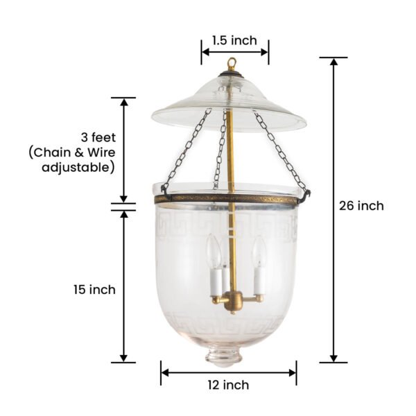 CDNY LARGE PLAIN GREEKKEY LANTERN: Etched Glass Hanging Chandelier with Brass Finish, H 26", 12" DIA, 15" JAR - Image 3