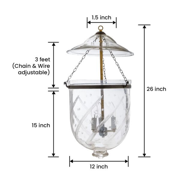 CDNY LARGE STAR FEATHER LANTERN: Etched Glass Hanging Chandelier with Brass Finish, H 26", 12" DIA, 15" JAR - Image 3