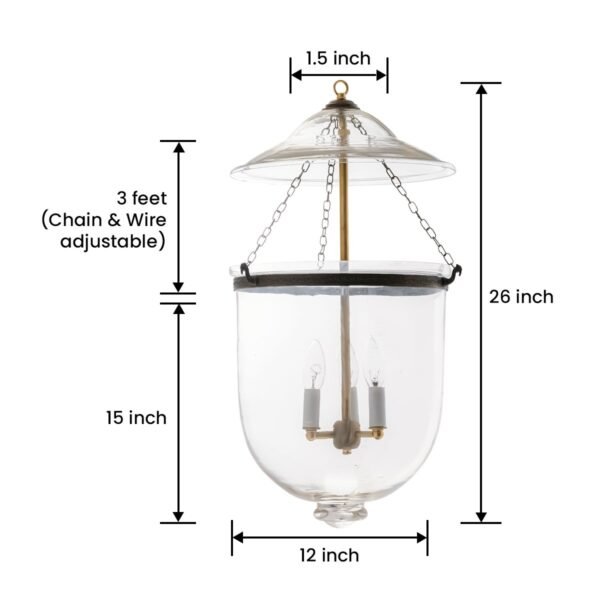 CDNY LARGE PLAIN CLEAR LANTERN: Etched Glass Hanging Chandelier with Brass Finish, H 26", 12" DIA, 15" JAR - Image 3
