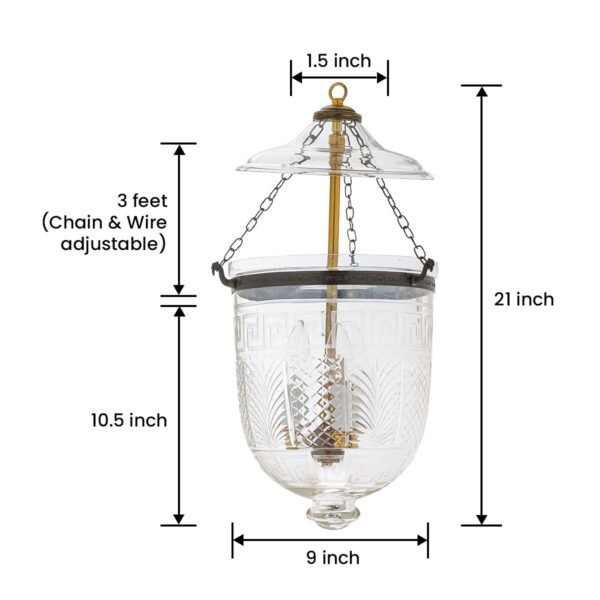 CDNY MED. GREEKEY W/DESIGN LANTERN: Etched Greek Key & Geometric Glass Hanging Chandelier with Antique Brass Finish, 9" DIA, H 21" JAR 10.5" - Image 3