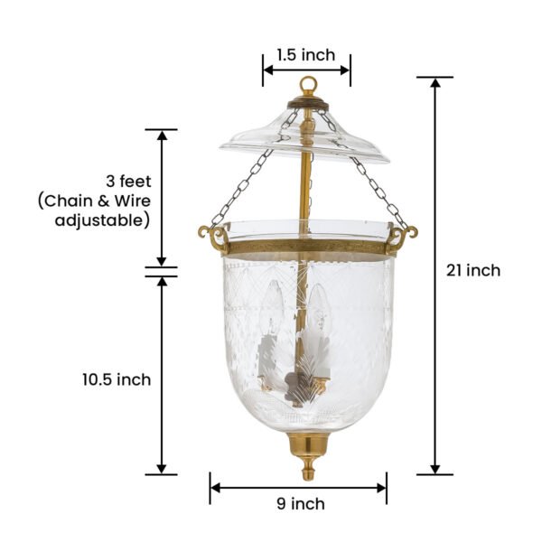 CDNY MEDIUM TULIP LANTERN: Elegant Etched Tulip Design Glass Hanging Chandelier with Antique Brass Finish, 9" DIA, H 21" JAR 10.5" - Image 3