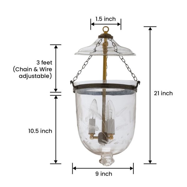 CDNY MEDIUM WHEAT CUT LANTERN: Elegant Etched Glass Hanging Chandelier with Antique Brass Finish, 9" DIA, H 21" JAR 10.5" - Image 3